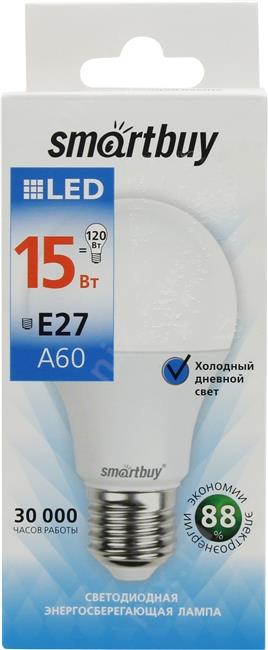 Лампа светодиодная A60-15W-220V-6000K-E27 (холодный дневной свет) Smartbuy